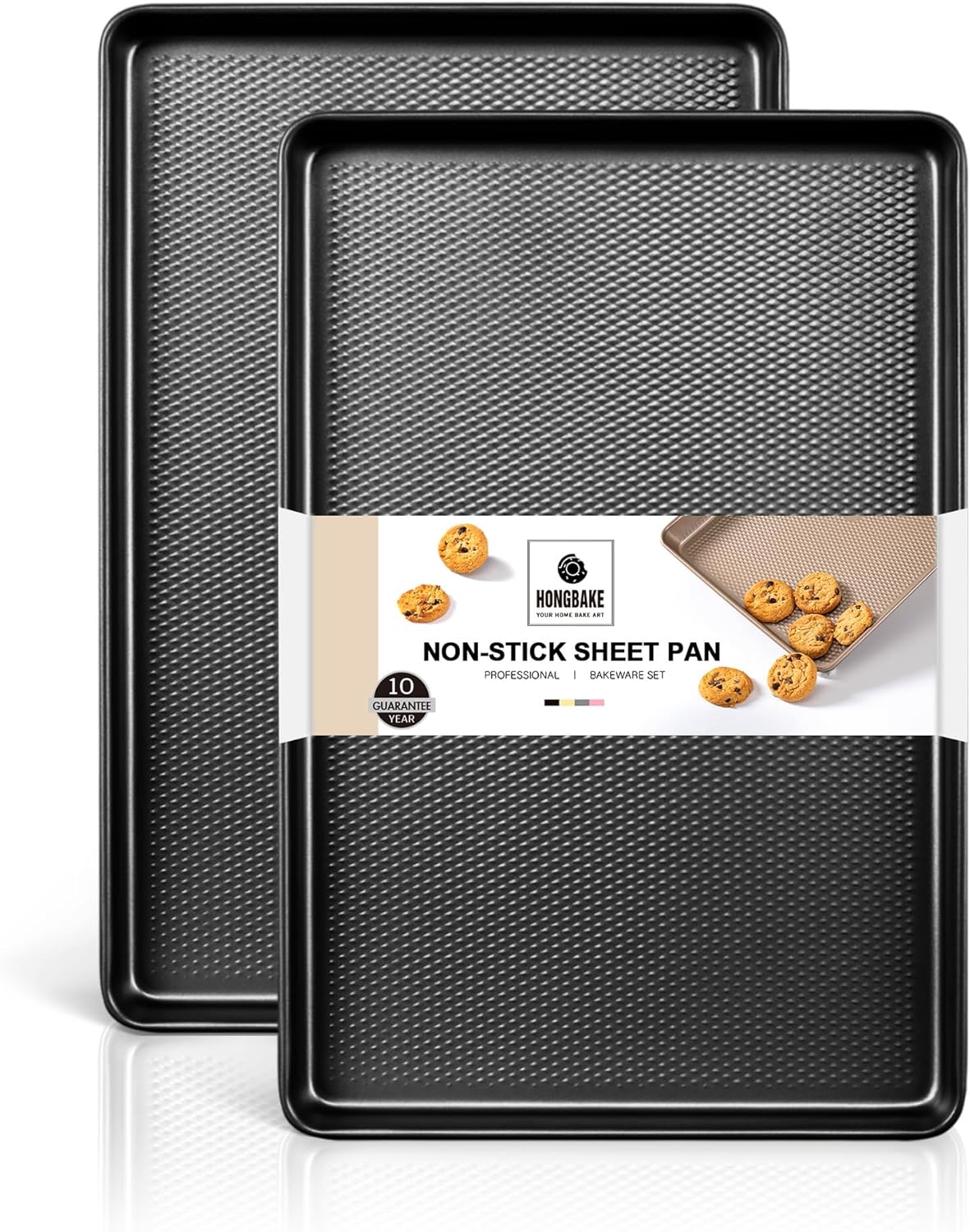 HONGBAKE 2 Pack Jelly Roll Pan Set 15x10, Cookie Sheets for Baking with Diamond Texture, Baking Sheets Non Stick, Non Toxic Oven Trays for Cooking, Heavy Duty 57% Thicker Carbon Steel, Dark Gray