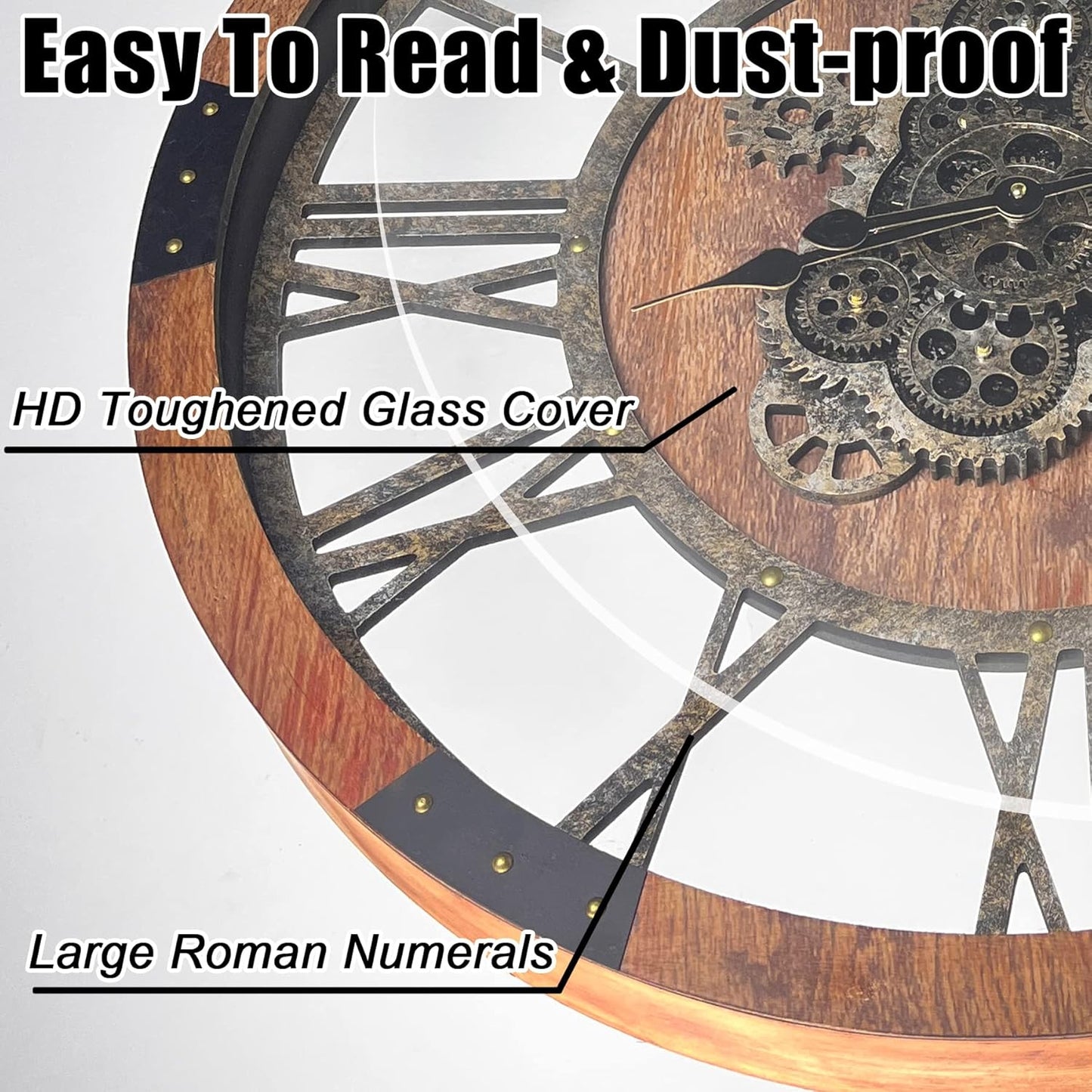 DORBOKER 30" Large Wall Clock Moving Gears,Oversized Industrial Rustic Farmhouse Clocks for Living Room Decor Office Home, Solid Wood Retro Metal HD Tempered Glass Cover, Brown and Vintage Bronze