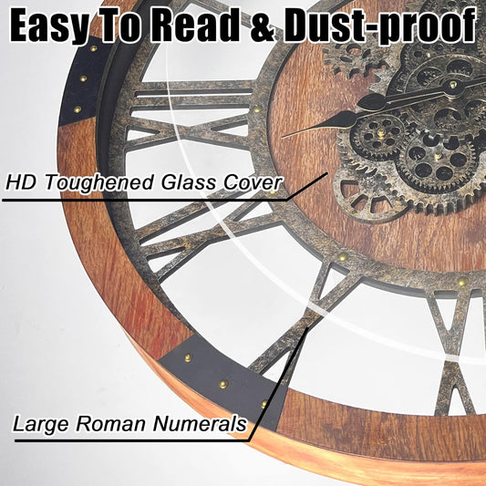DORBOKER 30" Large Wall Clock Moving Gears,Oversized Industrial Rustic Farmhouse Clocks for Living Room Decor Office Home, Solid Wood Retro Metal HD Tempered Glass Cover, Brown and Vintage Bronze