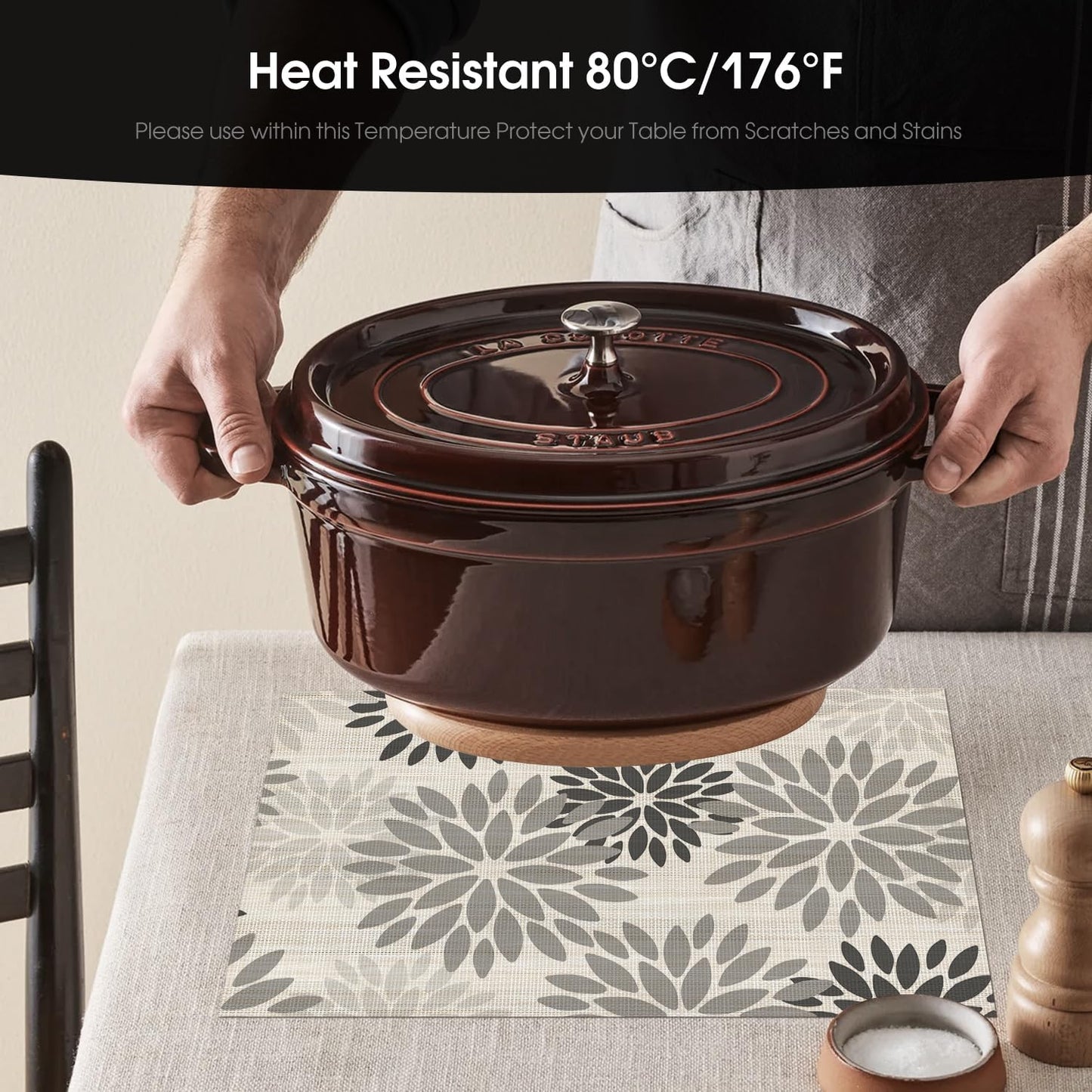 Artoid Mode Floral Vinyl Placemats Set of 6, Heat Resistant Washable Non-Slip Plistic PVC Place Mats for Halloween Party Kitchen Dining Decor, Gray