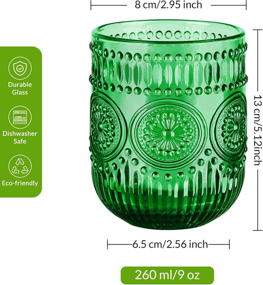 Joeyan Vintage Green Drinking Glasses Set of 4,9 oz Embossed Sunflower Small Water Glass Tumbler Cups,Colored Romantic Beaded Glassware for Beverages Cocktail Juice Wine,Dishwasher Safe