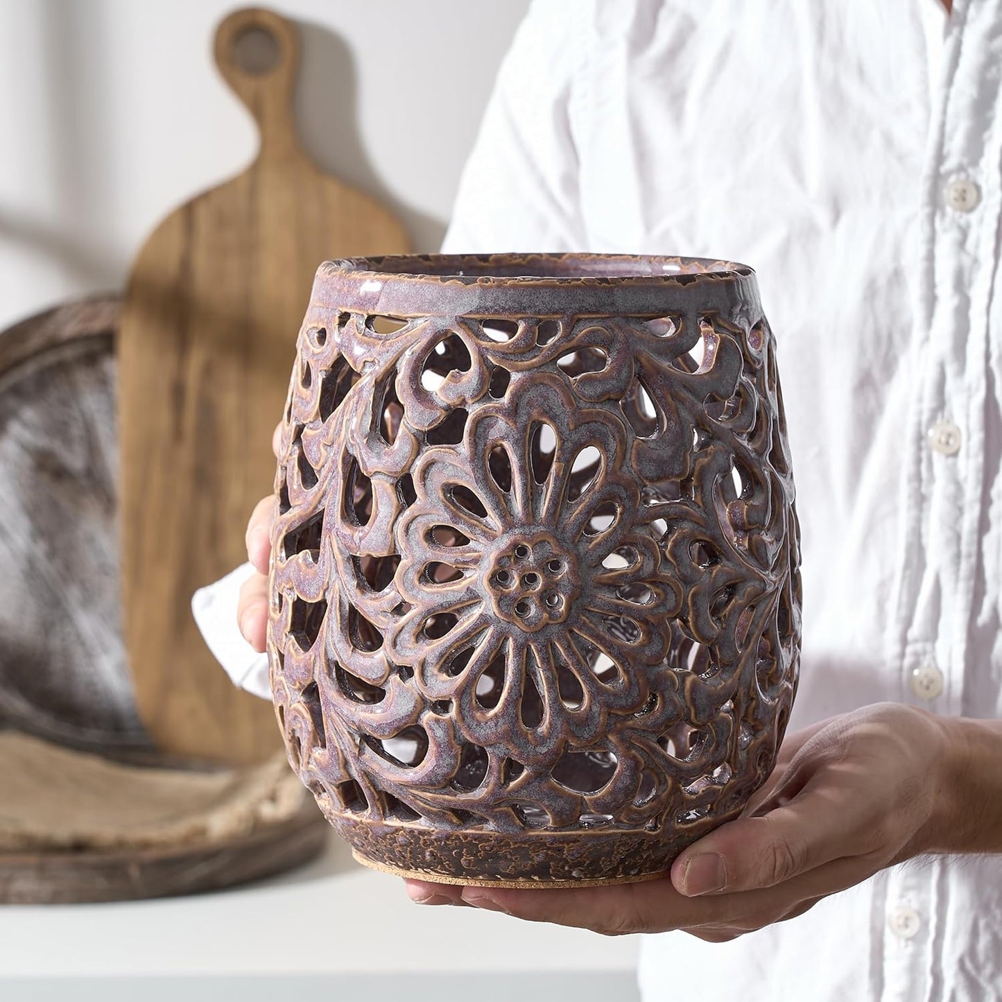 Farmhouse Kitchen Utensil Holder for Kitchen Counter, Ceramic Large Cooking Utensil Crock with Cork Mat, Countertop Cooking Tool Spatula Organizer, Purple Antique Design