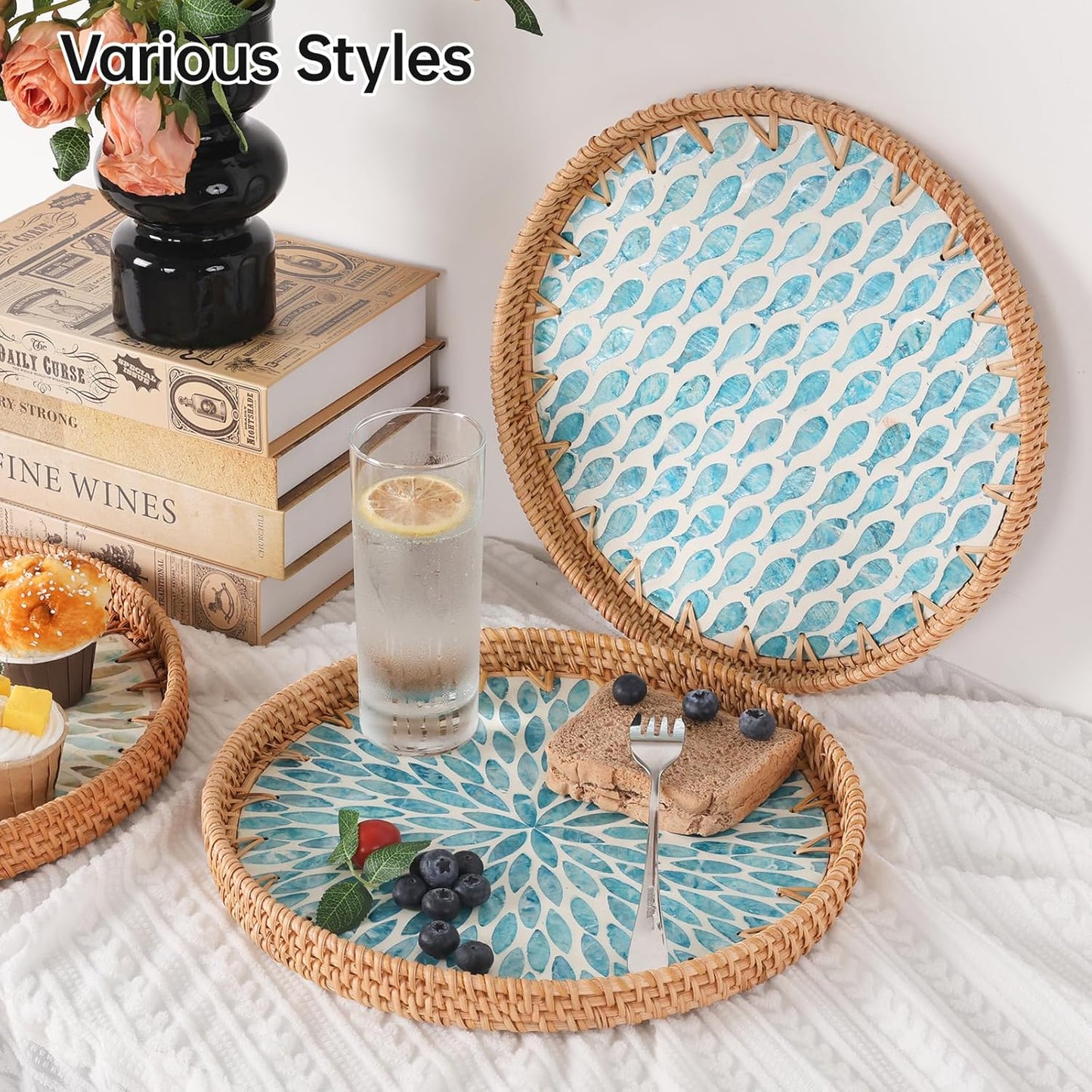 Round Rattan Tray with Mother of Pearl Inlay, Rattan Serving Tray for Coffee, Bread, Fruits, Decorative Wicker Tray for Table Decor, Home Decor, Kitchen Island Decor (Turquoise Leaf, 11.8")