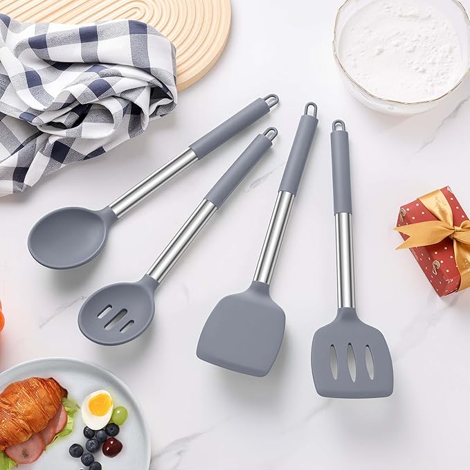 LIANYU Silicone Cooking Utensil Set, 6Pcs Heat Resistant Kitchen Utensils Set, Non-stick Stainless Steel Handle Spatula Tools, Dishwasher Safe, Grey