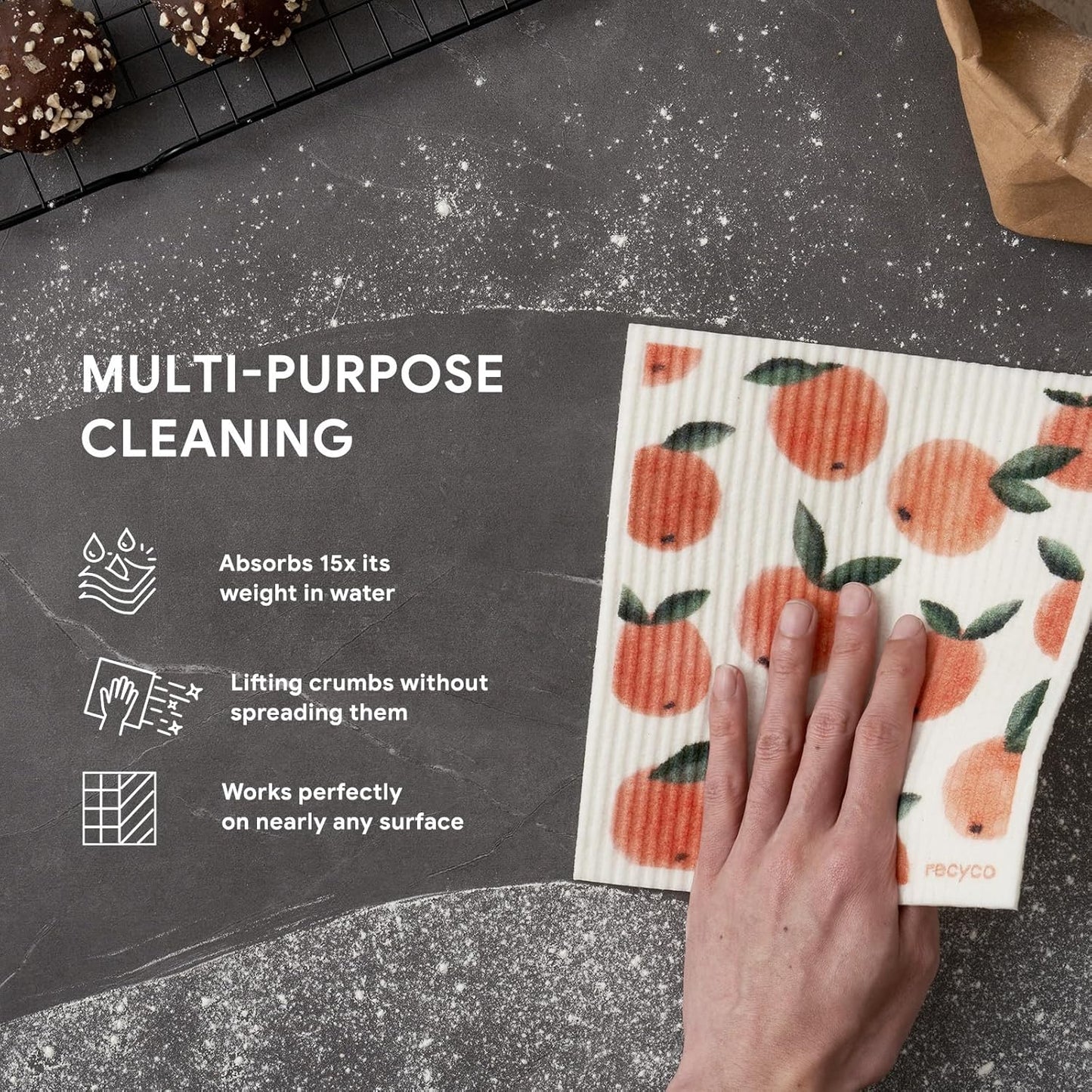 RECYCO Swedish Dishcloths for Kitchen | 5 Pack Peachy Leaves Washable Dish Rags | Cellulose Reusable Cleaning Paper Towels | Absorbent Counter Dish Cloth Sponge Kitchen Wipes, 8" L x 7" W