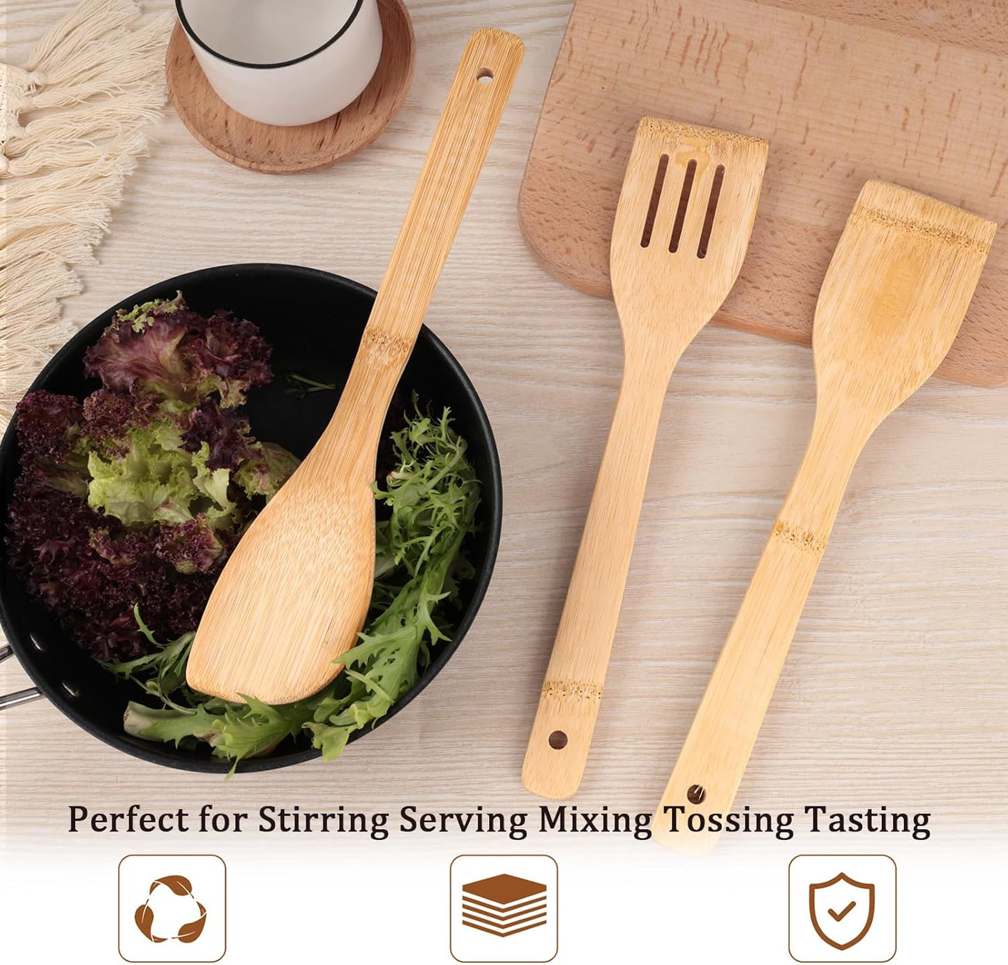 HANSGO Bamboo Wooden Spoons for Cooking, 6PCS Non-Stick Kitchen Utensils Set, Natural and Durable Wooden Spatula for Nonstick Cookware, Apartment Essentials