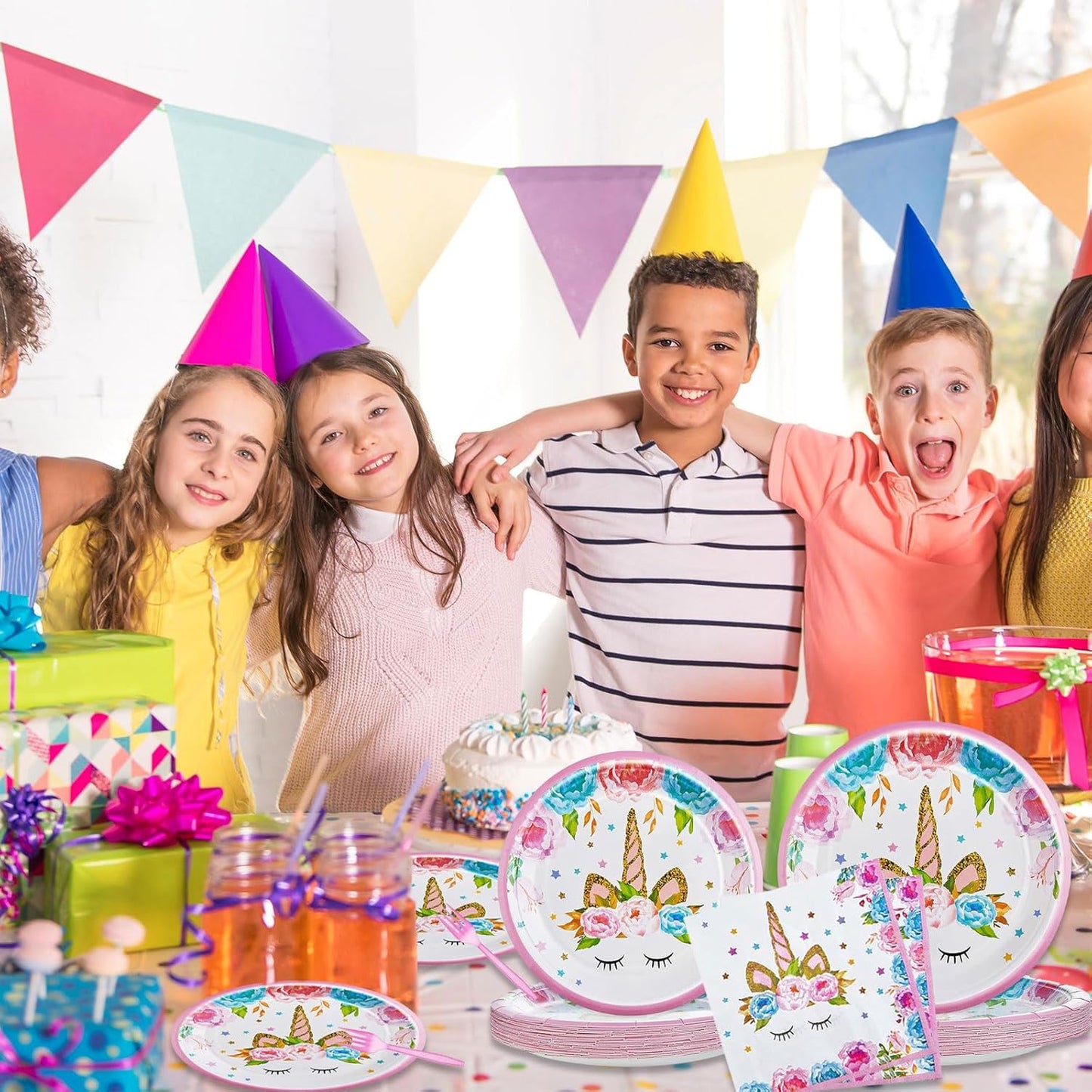 DTDO 96 Pcs Unicorn Party Plates and Napkins Set Include Magical Unicorn Paper Plate Napkins Black Forks, Disposable Hourse Themed Birthday Dinnerware for Girls Birthday Decorations, Serves 24