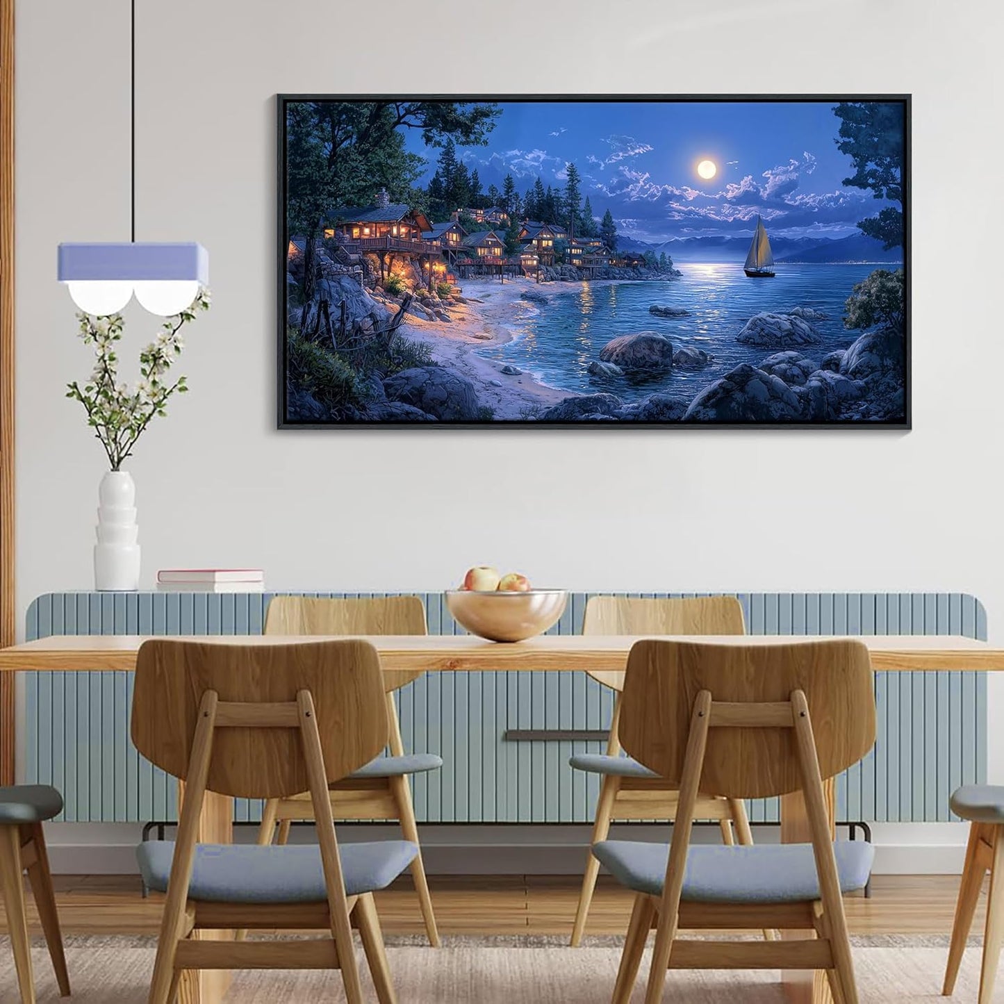 CHATYOUNG Beach Framed Wall Art - Large 24x48 IN Dark Blue Ocean Town Calm Moon Night Scenery Pictures Canvas Print Coastal Wall Paintings for Bedroom Living Room Kitchen Home Office Decor