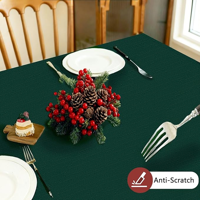 Fabric Green Christmas Rectangle Tablecloth, Faux Linen Textured Table Cloth for 6ft Rectangular Table, Water Resistant & Washable for Dinig Party Holiday Decoration, 60 x 84 Inch