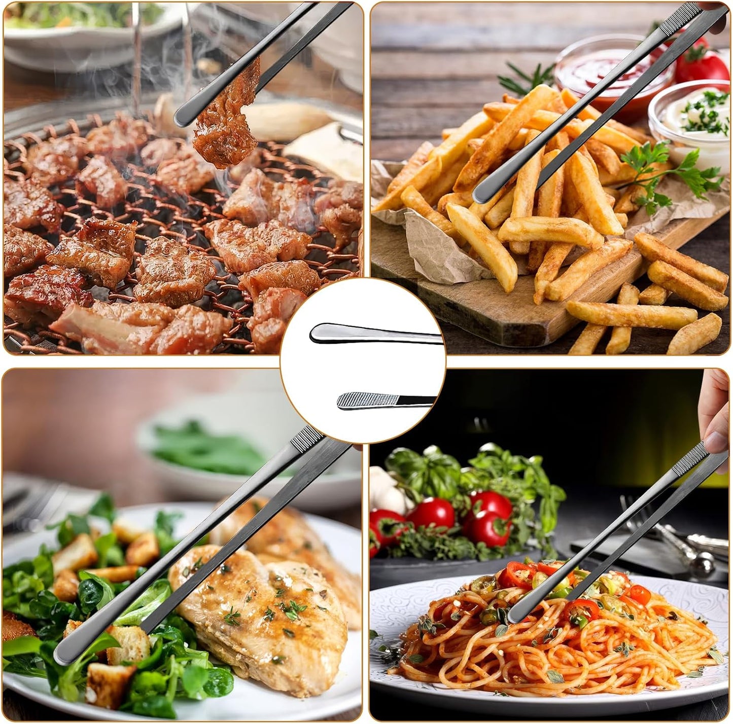 GEEKHOM 4 Pcs Kitchen Tweezer Tongs Set, 12 & 10 Inch Black Stainless Steel, Long & Short Food Tweezers for All-Purpose Cooking & BBQ
