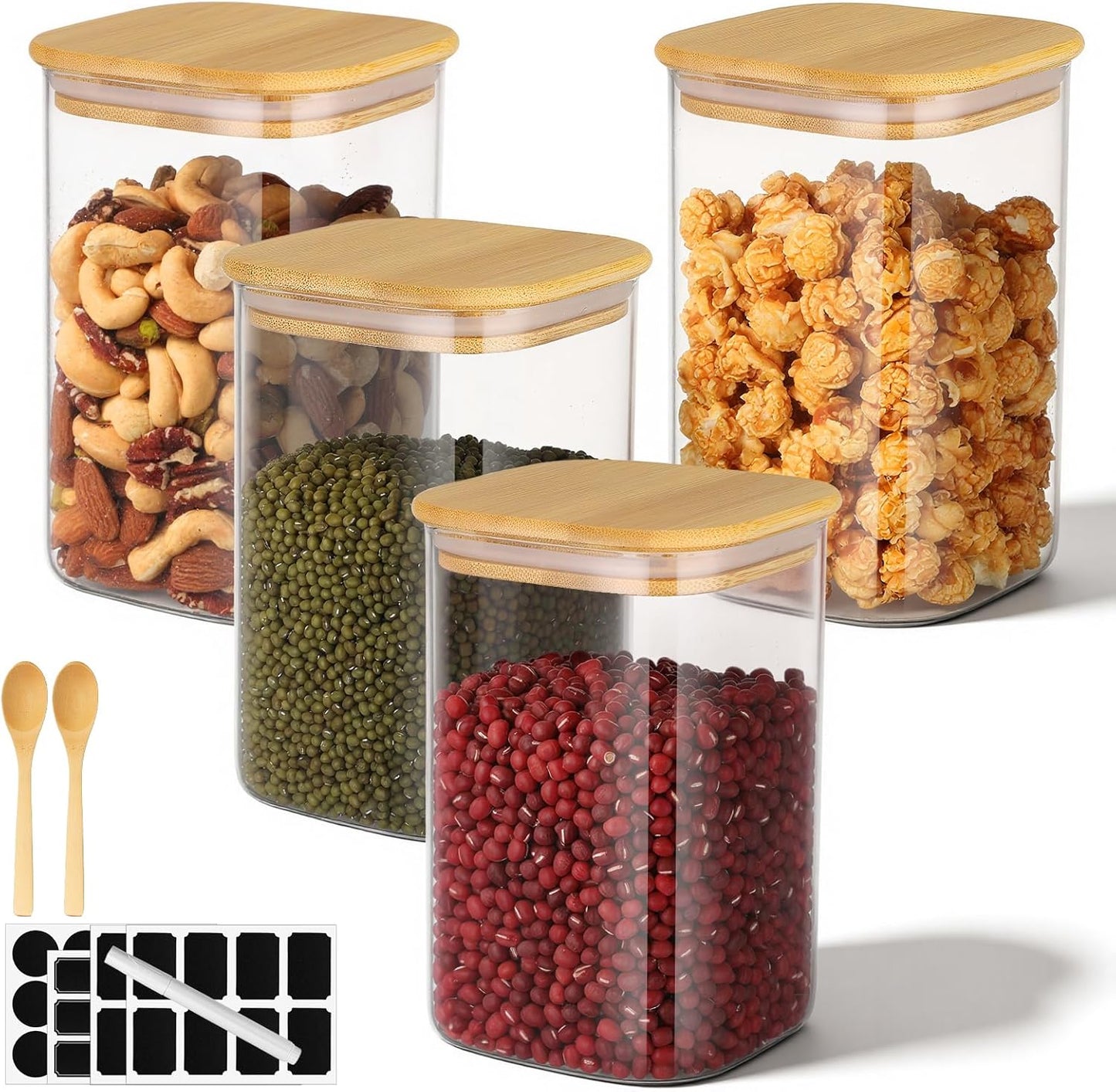 Glass Jars with Bamboo Lids, 4 Pack 37 Fl.oz Square Glass Jars with Airtight Lids, Stackable Kitchen Food Storage Containers for Flour Sugar Coffee Tea Candy - Included Labels, Marker and Spoon