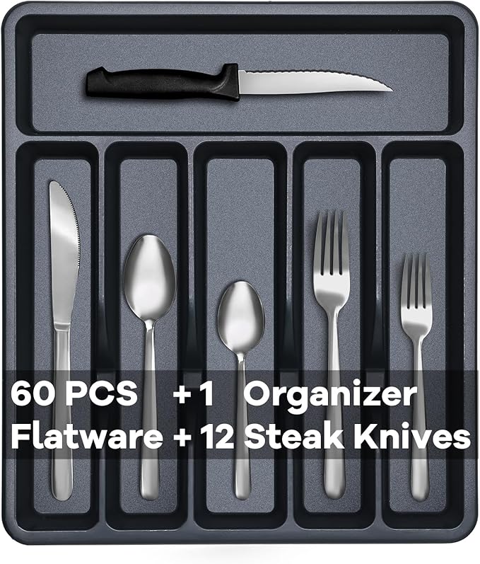 73-Piece Silverware Set with Organizer, Pleafind Stainless Steel Silverware Sets for 12, Cutlery Utensil Sets with Steak Knives, Include Forks Spoons Knives ＆ Silverware Organizer, Dishwasher Safe