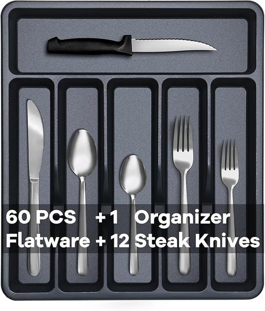 73-Piece Silverware Set with Organizer, Pleafind Stainless Steel Silverware Sets for 12, Cutlery Utensil Sets with Steak Knives, Include Forks Spoons Knives ＆ Silverware Organizer, Dishwasher Safe