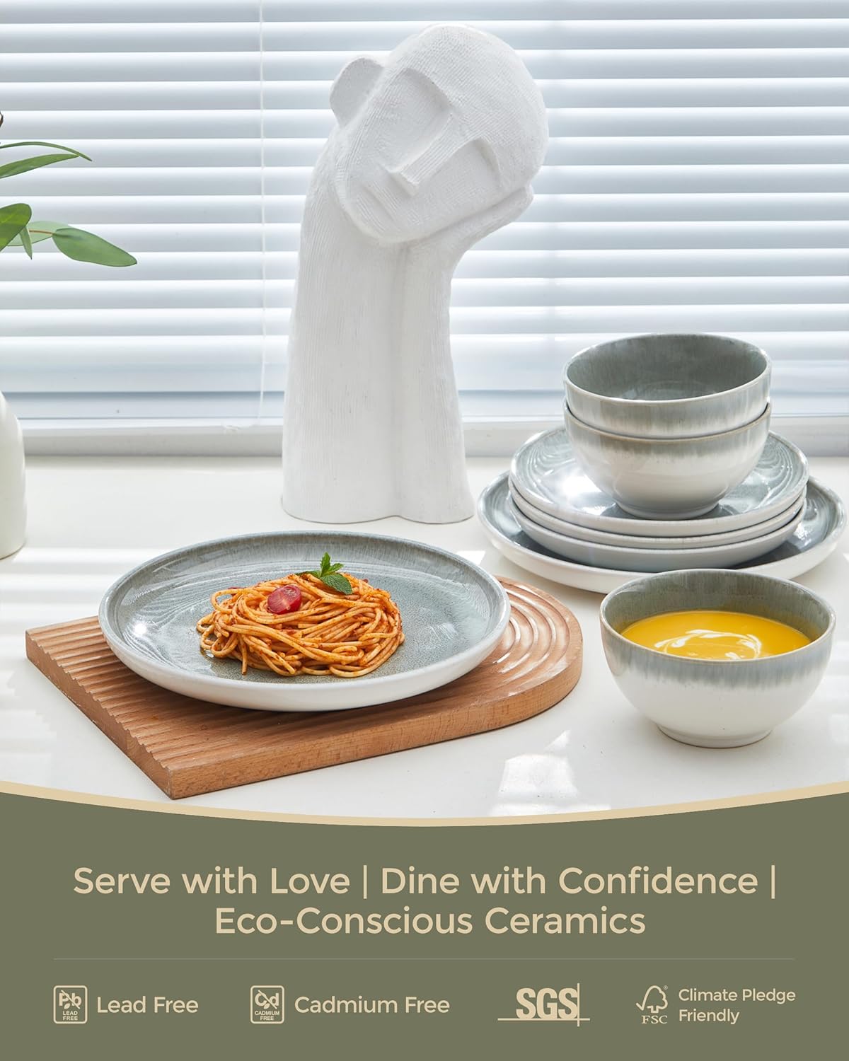 24 Piece Dinnerware Sets for 8, Modern Stoneware Plates and Bowls Sets, Perfect for Family Gatherings & Holiday Celebrations, Easy Cleaning Dishes, Stack Compactly Plate Set, Gradient Green