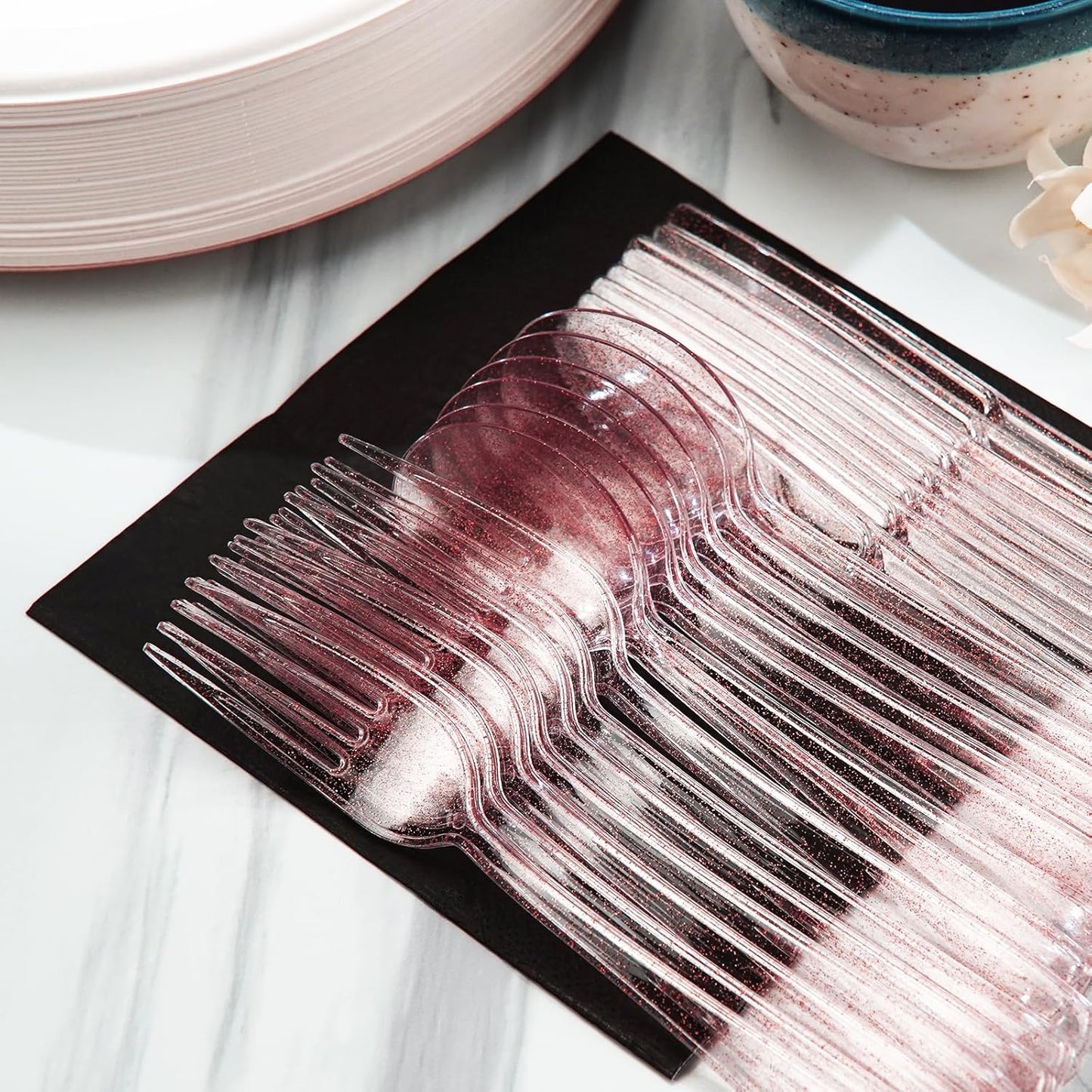 180PCS Rose Gold Plastic Silverware Set, Disposable Glitter Gold Cutlery, Flatware Set, 60 Forks, 60 Spoons, 60 Knives, Valentine's day Fancy Party Utensils