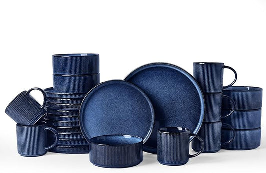 Famiware Star Dinnerware Set with Mugs, Service for 6 (24 Pieces), Ribbed Stoneware Plates and Bowls Dishes Sets - Chip & Scratch Resistant, Microwave & Dishwasher Safe, Nebulas Blue
