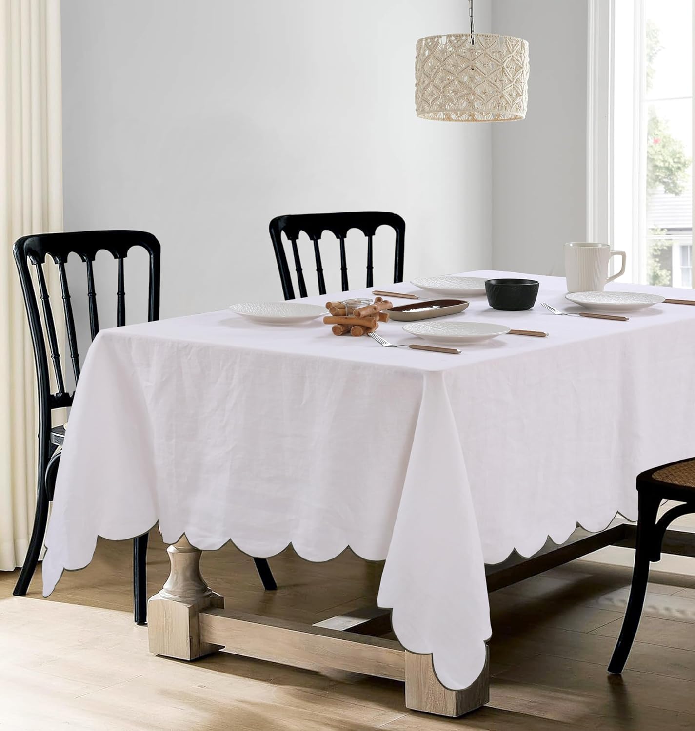 100% Pure Linen Scalloped Embroidery Rectangle Tablecloths 84Lx60W Inch for Dinners, Parties, Spring, Machine Washable, 6-8 Sets, White(Edges-Green)