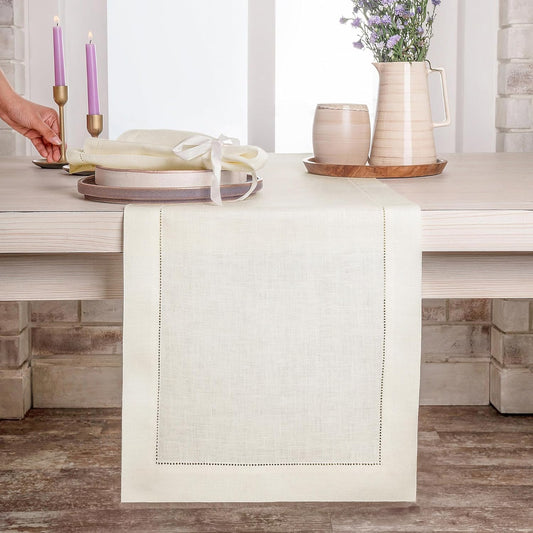 D'Moksha Homes Linen Ivory Table Runner 84 Inches Long - 100% Pure Linen Table Runner 14 x 84 Inch for Fall, Autumn and Halloween - Classic Hemstitch