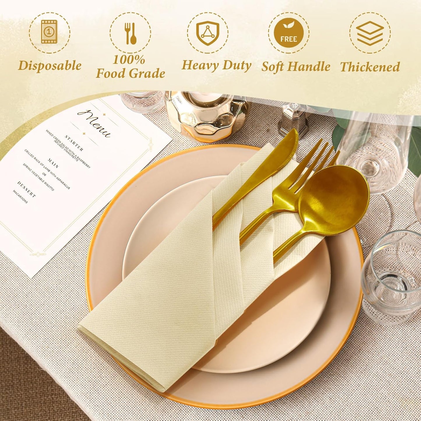 Qilery 50 Pcs Paper Linen Napkins Disposable Airlaid Paper Prefolded Dinner Napkins with Built in Flatware Pocket for Silverware Valentine Wedding Party Christmas Day (Champagne)