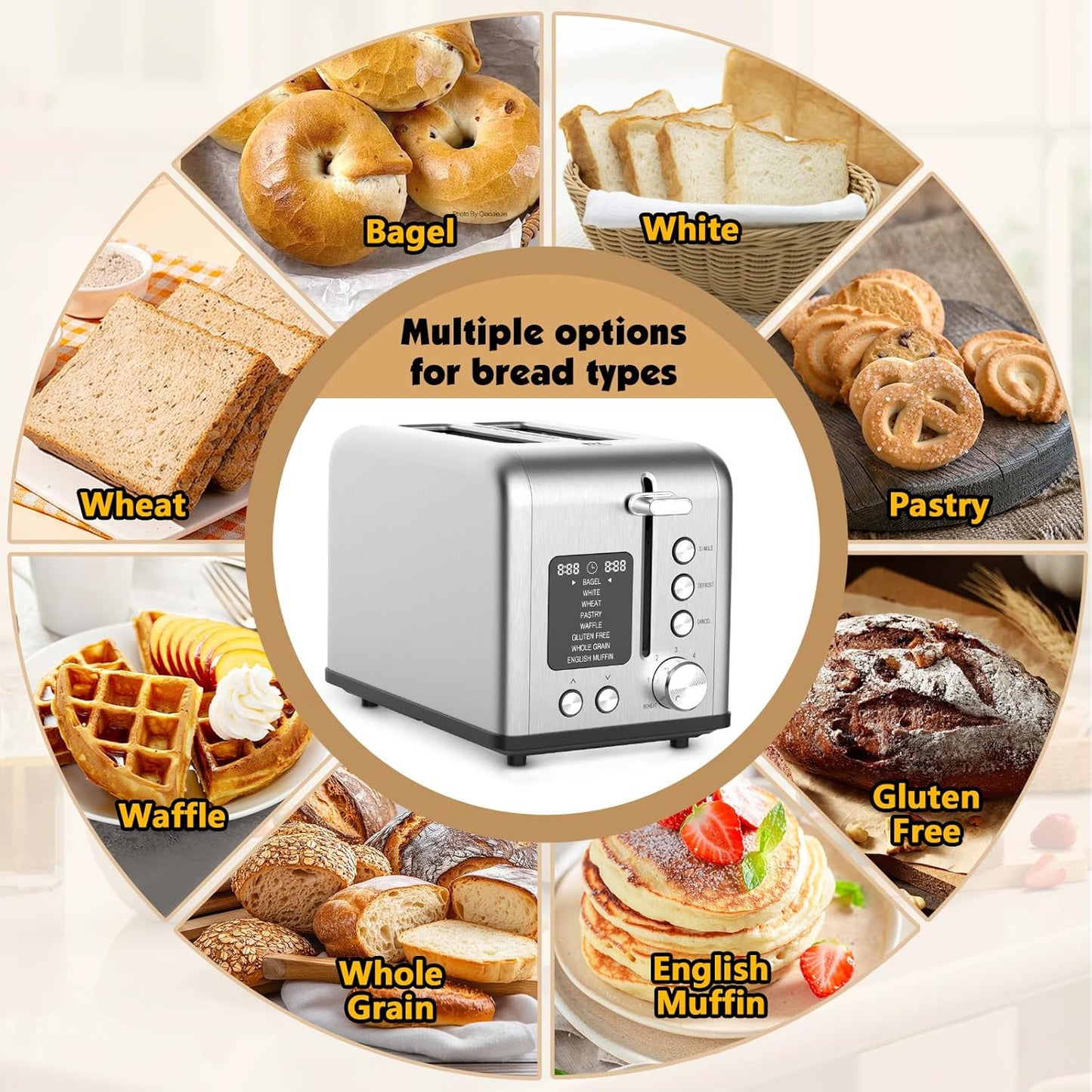 2-Slice Toaster with 8 Bread Types & 6 Browning Levels, Timer Count-down Display, Defrost, Reheat and Cancel Setting with LED Lighting, Extra lifting, Self-centering and Single Function, 825W