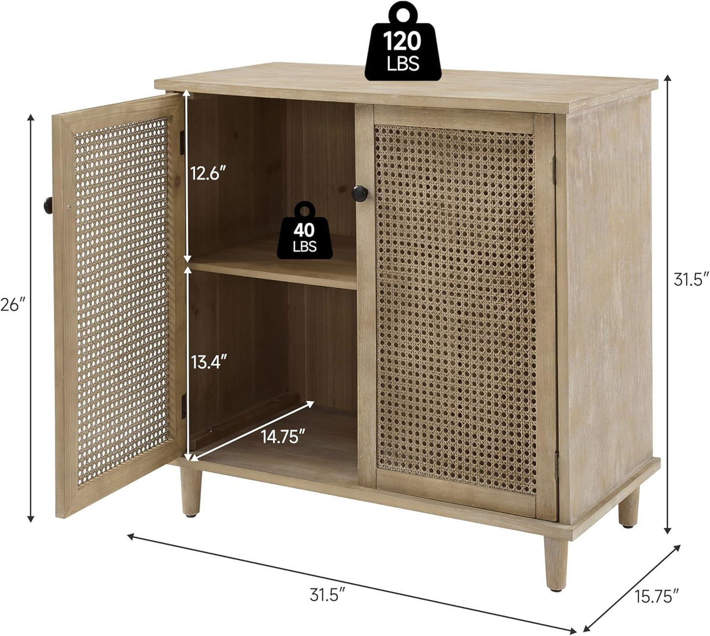Sideboard Buffet Cabinet, Rattan Storage Cabinet with 2 Doors and Removable Shelf, Farmhouse Decor for Living Room, Entryway, Hallway, Kitchen, Dining Room