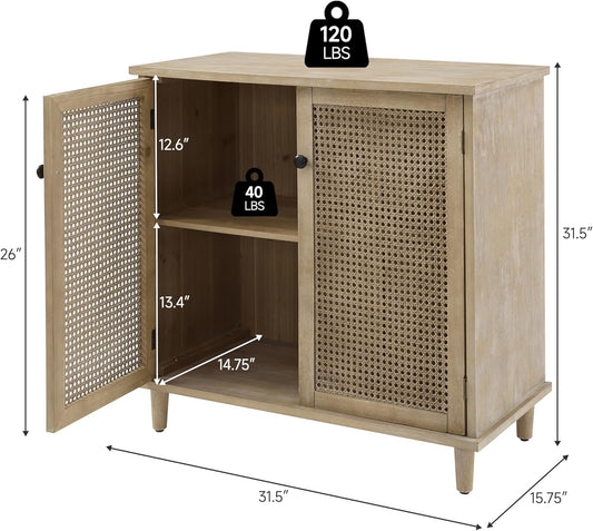 Sideboard Buffet Cabinet, Rattan Storage Cabinet with 2 Doors and Removable Shelf, Farmhouse Decor for Living Room, Entryway, Hallway, Kitchen, Dining Room
