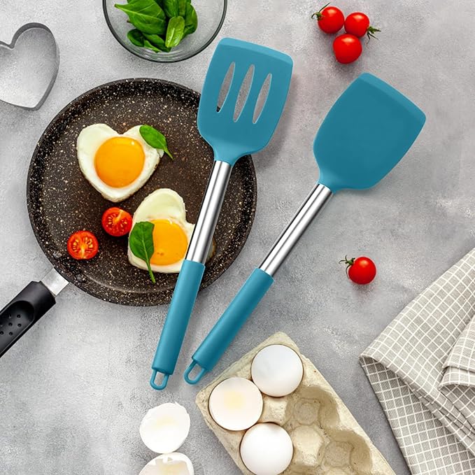 Silicone Spatula Set of 2, E-far Solid & Slotted Turner for Nonstick Cookware, Heat Resistant Rubber Kitchen Cooking Utensils for Flipping Fish Pancake Egg - Teal Blue