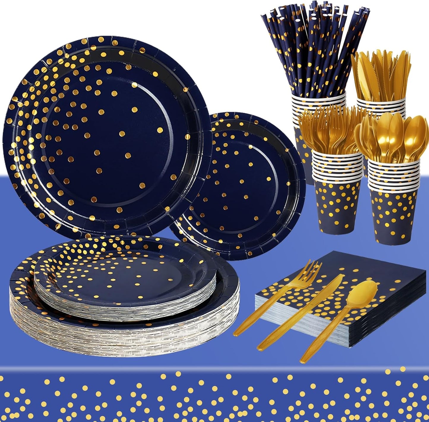 Paper Plates and Napkins Set, 193 Pieces Navy Blue Gold Party Supplies Includes Paper Plates Cups Napkins Straws and Cutlery for Birthday Wedding Holidays Parties Decorations-24 Guests