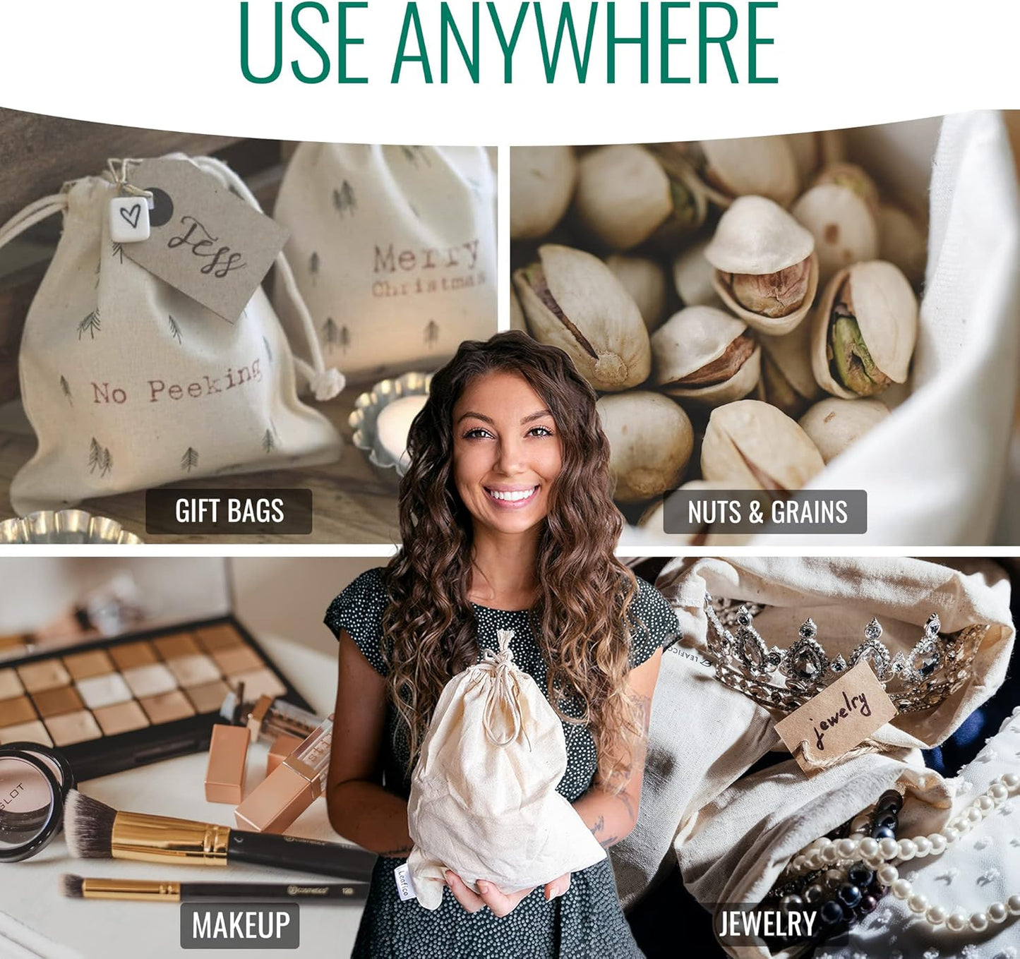 LEAFICO Organic Cotton Reusable Produce Bags - Small 5x7 (12 Pack) - Biodegradable Eco-Friendly Bulk Bin Sacks for Food - Cloth Bags with Drawstrings - Linen Pouch for Fruit, Vegetable Storage