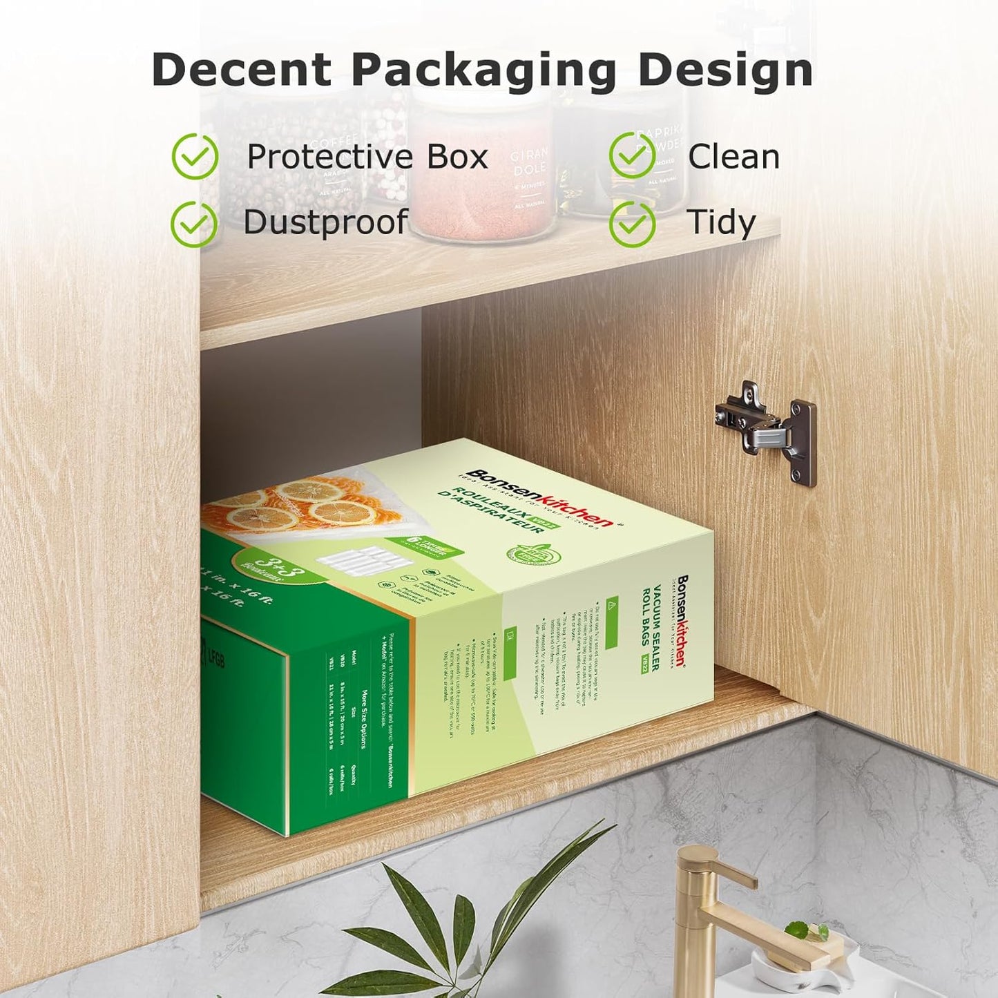 [2025 Upgraded] Bonsenkitchen 3 Rolls 11" x 16' + 3 Rolls 8" x 16' Vacuum Sealer Bags for Food with a Color Box, Easy to Store, Commercial Grade, BPA Free, Great for Food Storage or Sous Vide, VB22