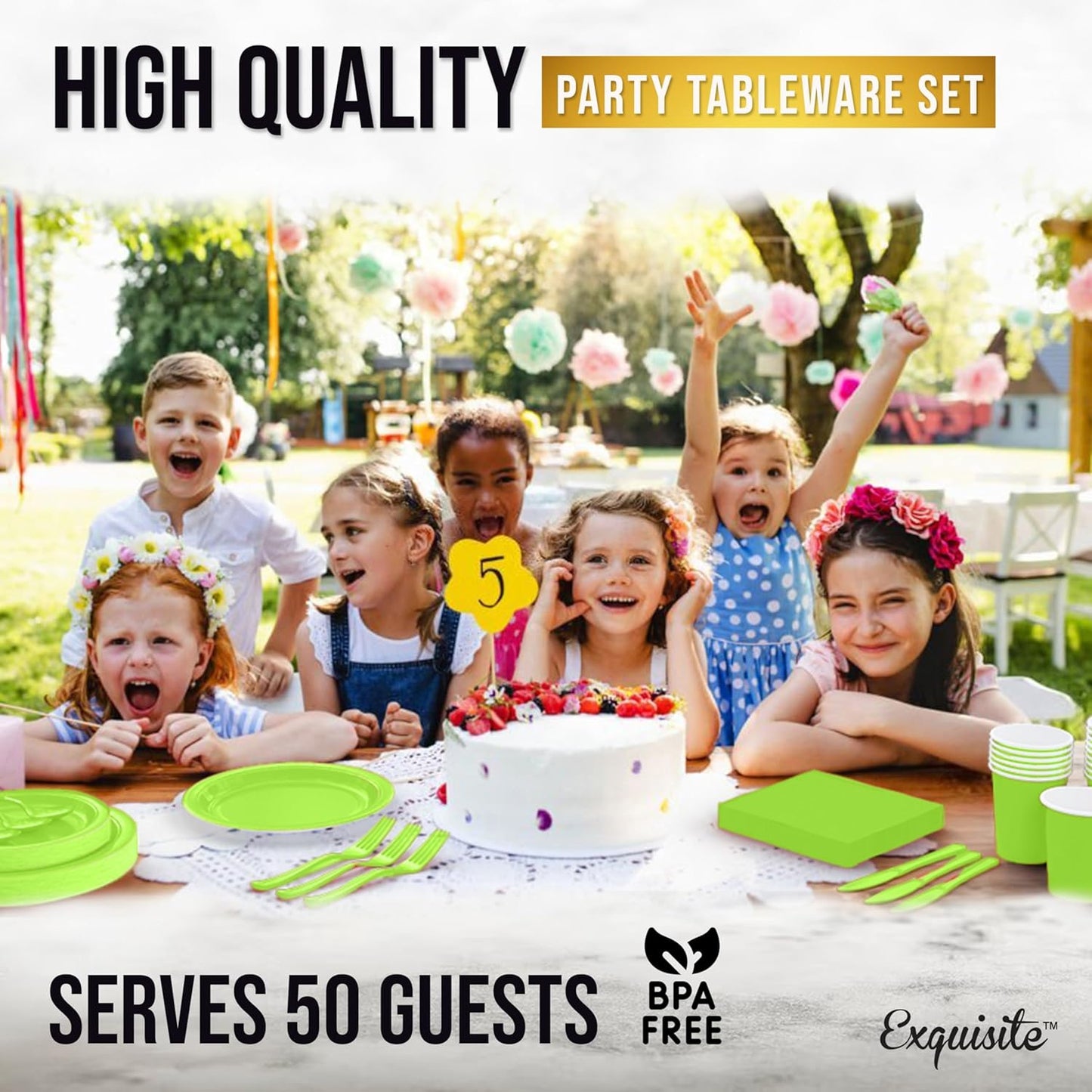 Exquisite 350 Pcs Lime Paper Plates For Party, Lime Disposable Plates Set, 50 Of Each 9" Dinner Plate Set, 7" Dessert Plate, Cups, Napkins & Cutlery Paper Dinnerware