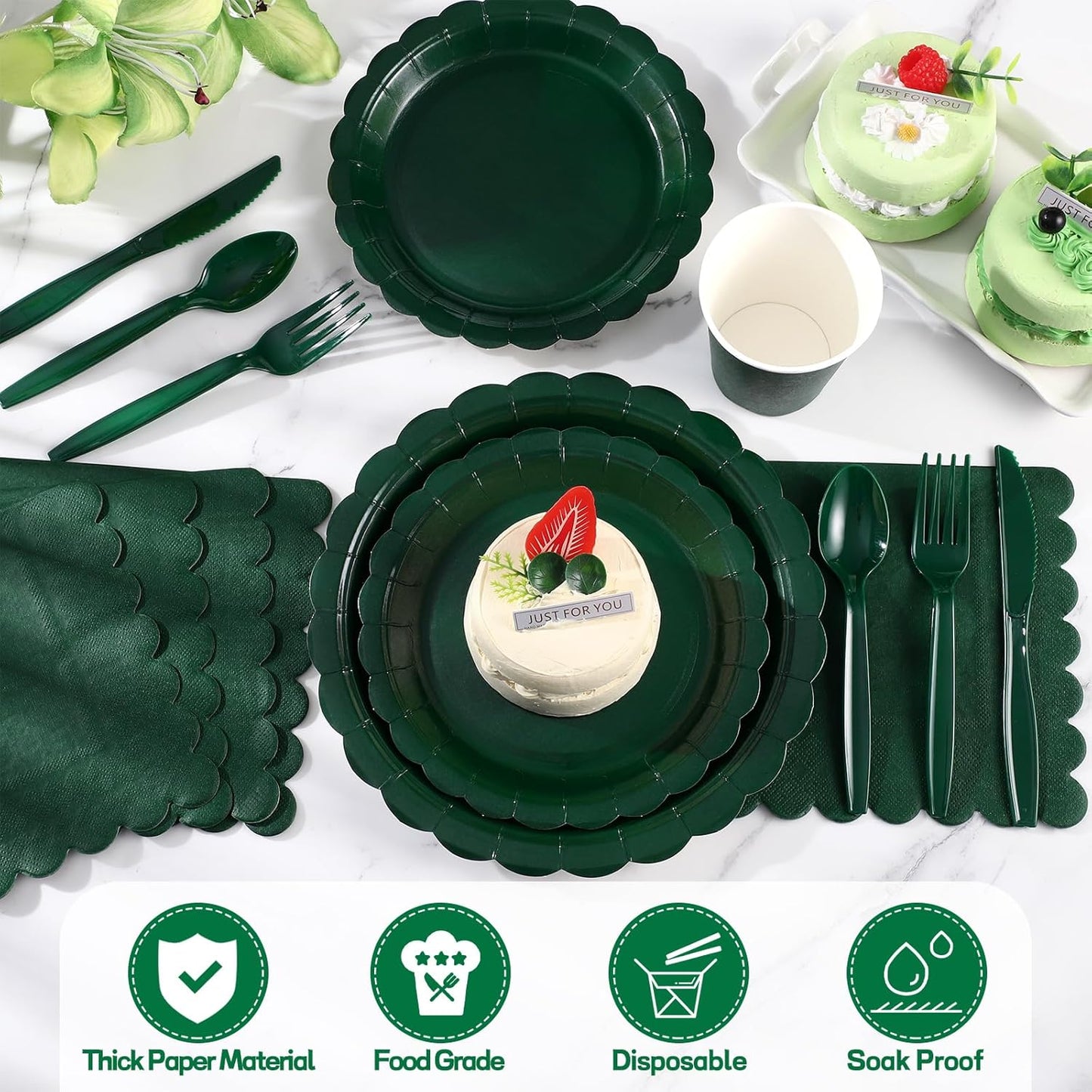 Dark Green Plates and Napkins, 25 Guest Green Party Supplies Include Christmas Plates Napkins Cups Plastic Spoons Forks Knives for Thanksgiving, Christmas, Birthday