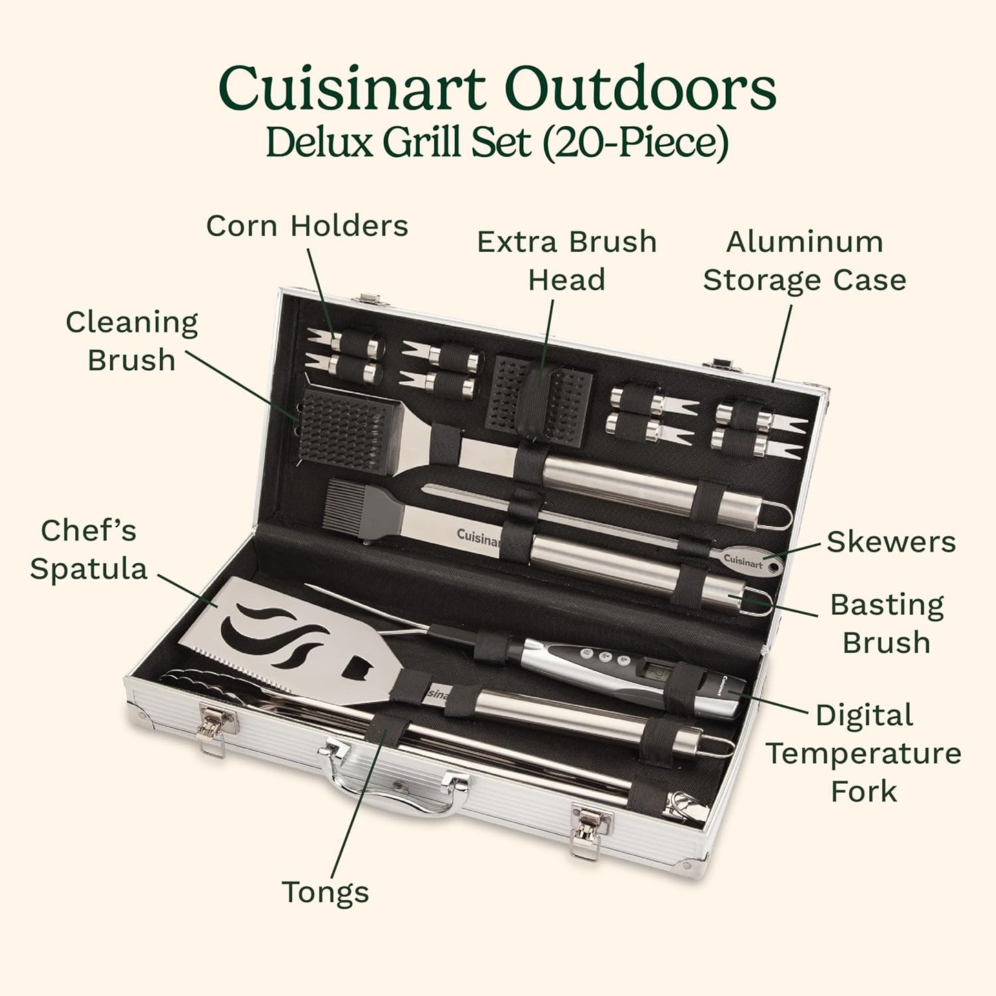 Cuisinart Deluxe Grill Tool Set, 20-Piece Grill Set, BBQ Accessories with Aluminum Case, Stainless Steel Grilling Accessories, BBQ tools, Grilling Gifts for Men, Father’s Day Gifts for Dad Husband