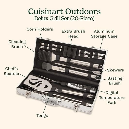 Cuisinart Deluxe Grill Tool Set, 20-Piece Grill Set, BBQ Accessories with Aluminum Case, Stainless Steel Grilling Accessories, BBQ tools, Grilling Gifts for Men, Father’s Day Gifts for Dad Husband