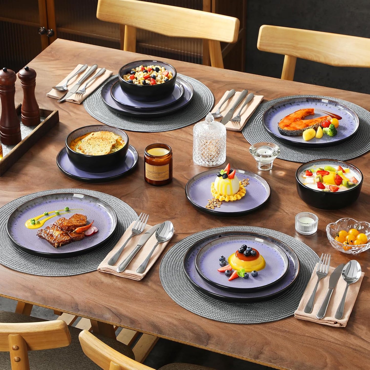 vancasso Plates and Bowls Sets, 18 Pieces Stoneware Dinnerware Sets for 6, Kitchen Dish Set Mircowave and Dishwasher Safe Dinner Set Ceramic Dishware, Light Purple, Series AMBER