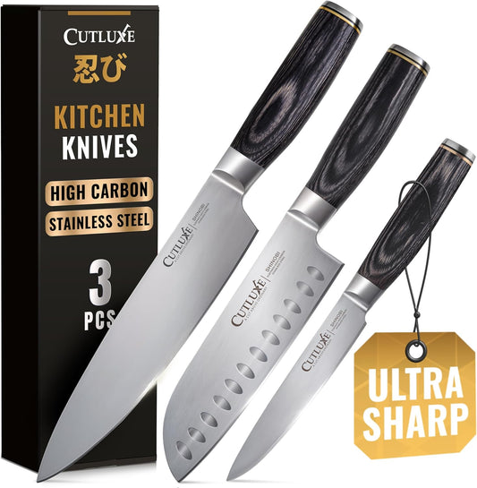 Cutluxe 3-Piece Chef Knife Set – Ultra Sharp Japanese Kitchen Knives, High Carbon Stainless Steel Blades, Full Tang Pakkawood Handles – Shinobi Series