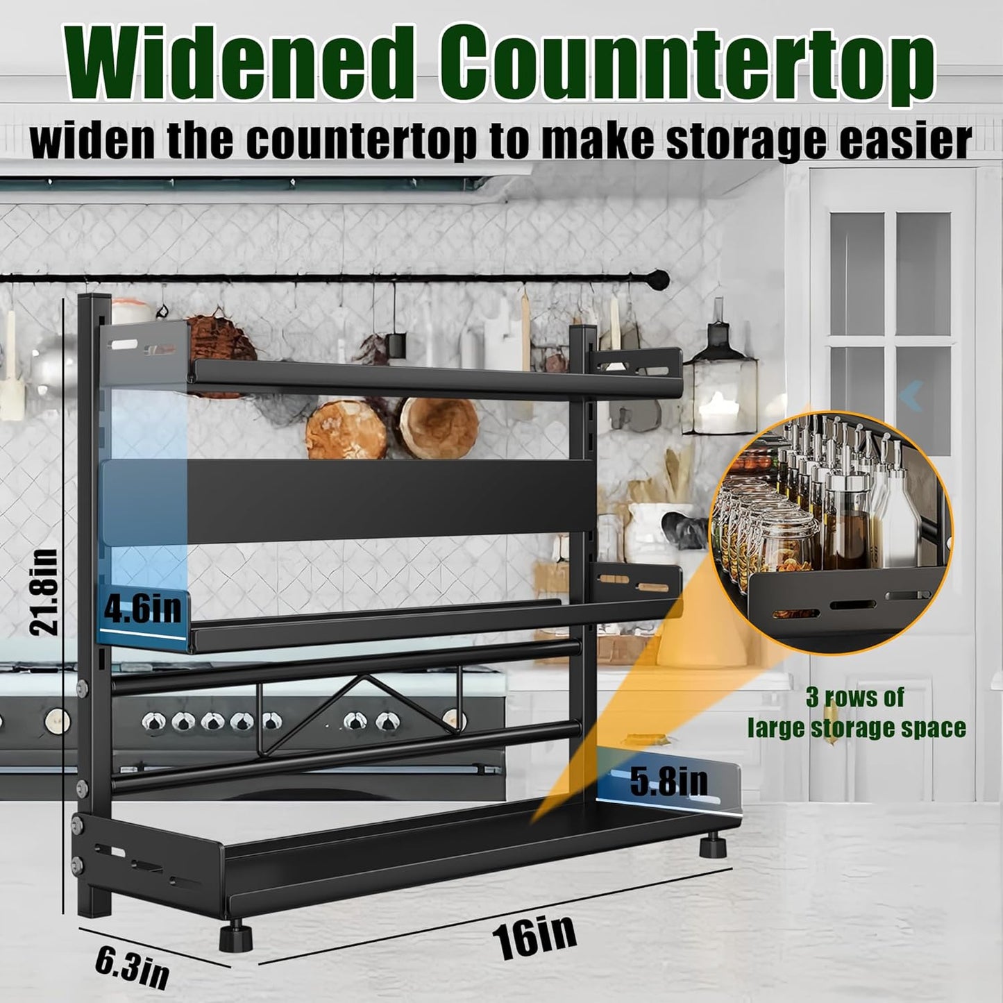 Spice Organization for Cabinet | 3 Tier Standing Height-Adjustable Spice Rack | Large Metal Rust-Proof Seasoning Organizer | Kitchen Storage Organization Shelf for Pantry Bathroom (3-40CM Black)