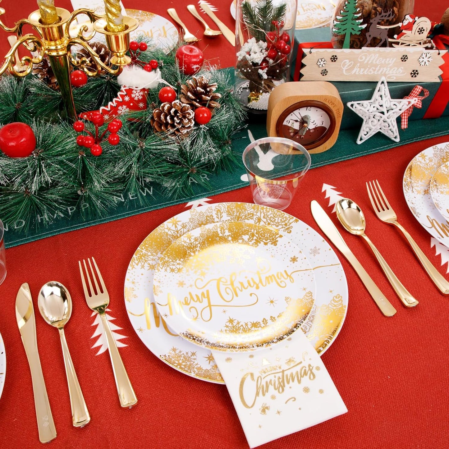 DaYammi 175Pcs Christmas Gold Plastic Dinnerware Set, 50Pcs Heavyduty Disposable Party Plates,Fancy Snowflake Design, 75Pcs Gold Plastic Cutlery,25Pcs 9oz gold Cups,25Pcs Napkins Perfect for Christmas