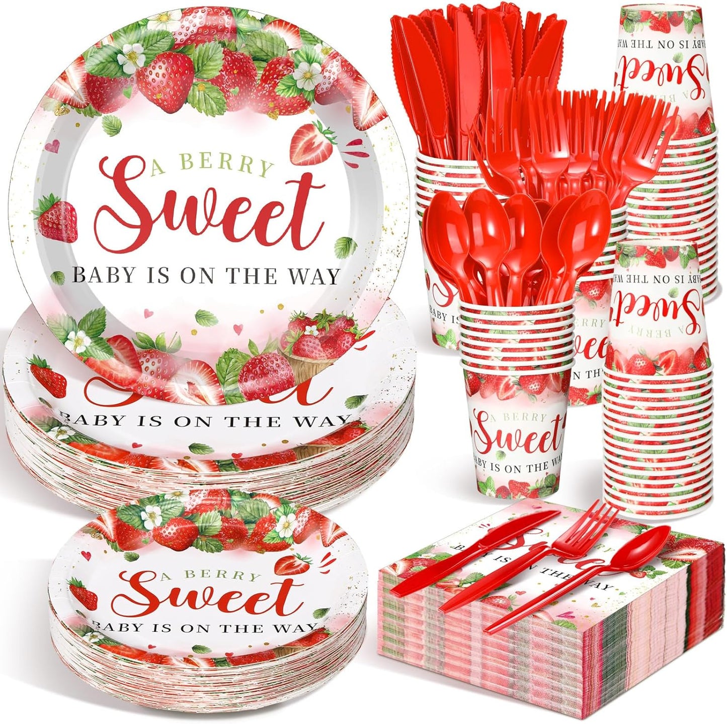 Dandat 350 Pcs Baby Shower Plates Set Baby Shower Party Supplies Serves 50 Tableware Sets Include Plates Napkin Cup Forks Knives Spoons Disposable Dinnerware(Strawberry,Red)