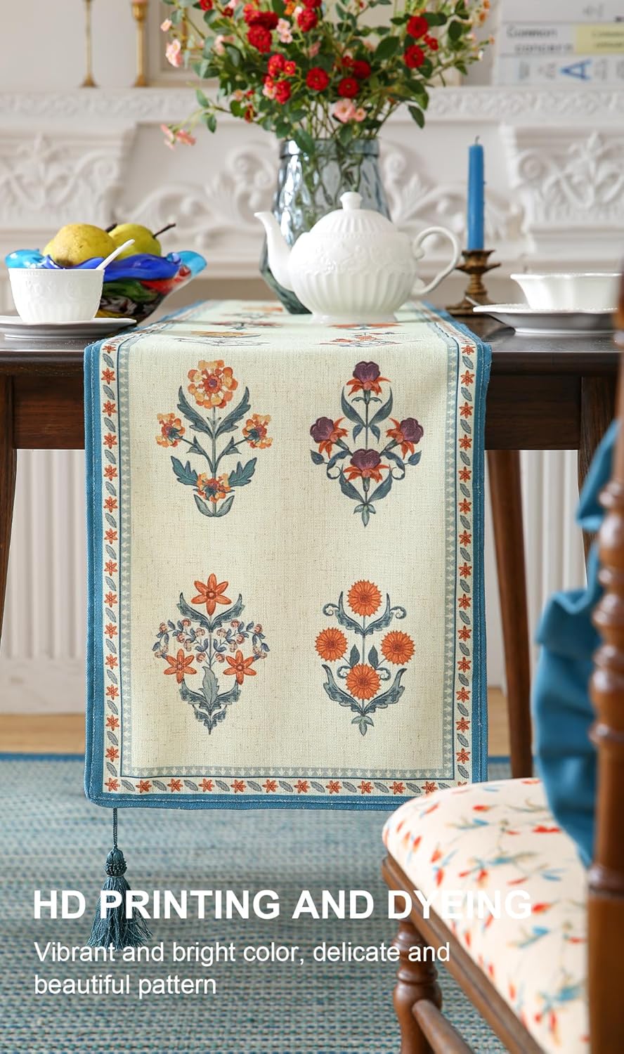 ISAENNE Designer Light Green Linen Table Runner 71 Inches Long,French Floral Patterns Elegant Table Runner for Dining Tables,Thanksgiving,Kitchen Tables,Christmas,12"*71"-Floralsea B