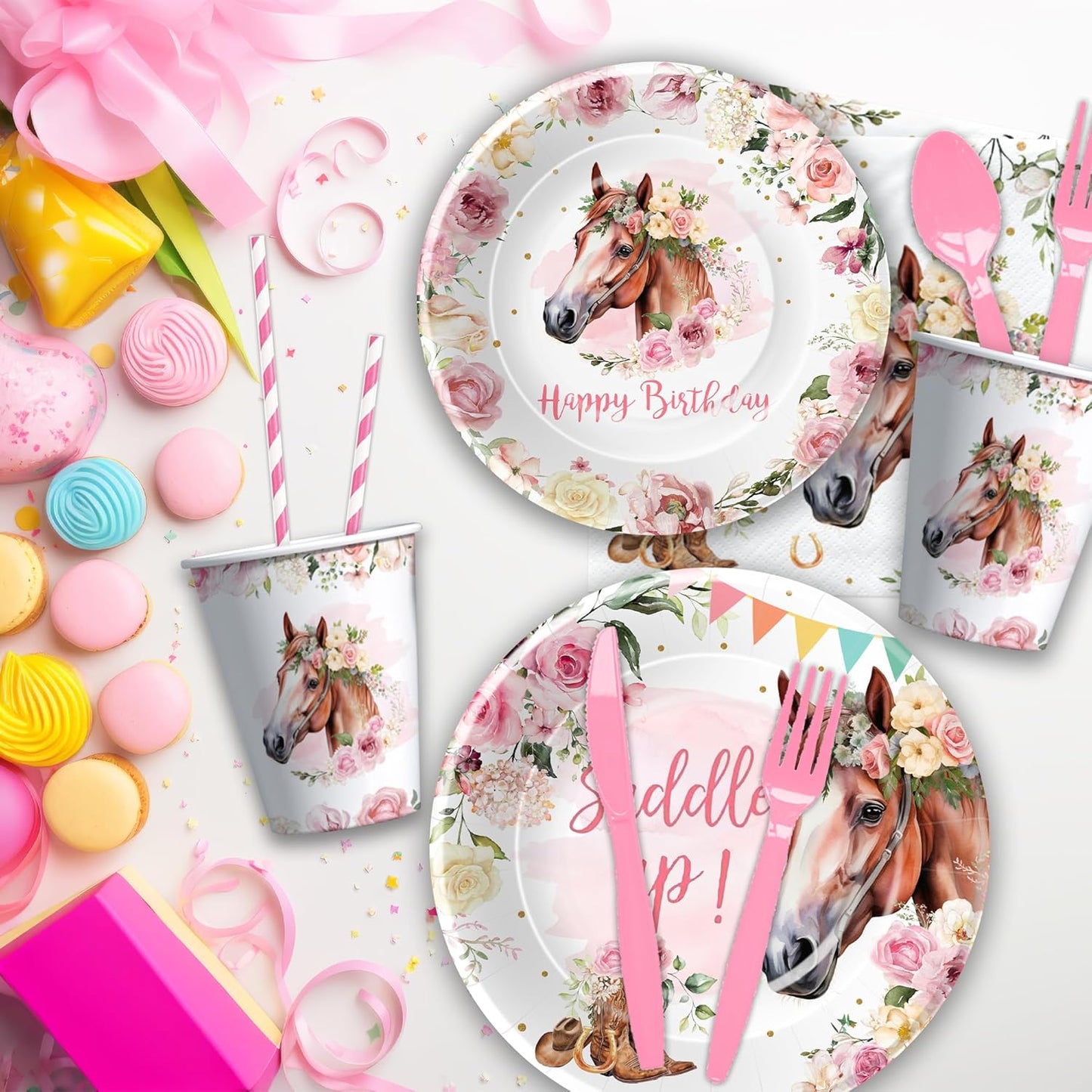 Cowgirl Party Decorations Tableware - Western Horse Birthday Party Supplies For Girl, Plate, Napkin, Fork, Tablecloth, Wild West Cowgirl Birthday Baby Shower Decorations Dinnerware | Serve 24