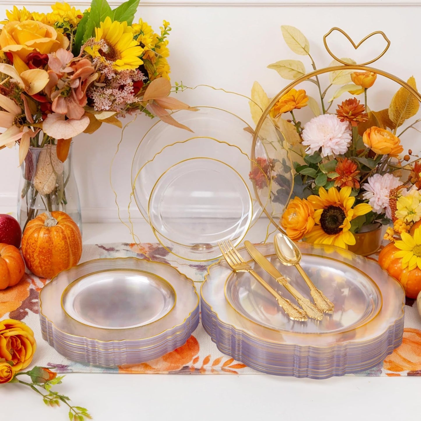 YOUBET 125PCS Thanksgiving Plastic Plates - Clear Gold Disposable Plates - 25 Guests Baroque Plastic Dinnerware Includes 25Dinner Plates, 25Dessert Plate, 75Silverware for Thanksgiving Party & Wedding
