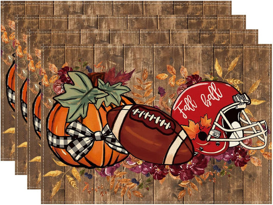 XCHI Fall Football Pumpkin Wood Placemats Set of 4 Table Mats for Party Home Kitchen Dining Table Decorations 12x18 Inch