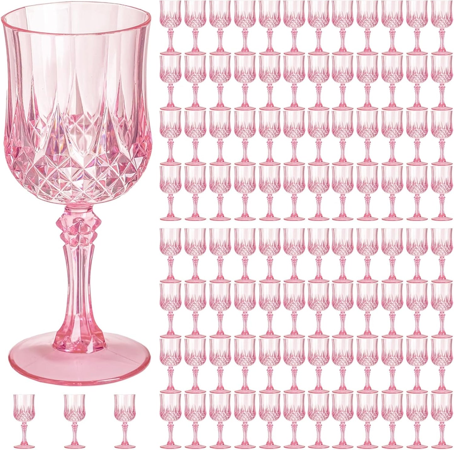 7OZ Plastic Wine Glasses, 100Pcs Pink Reusable Drinking Cups Vintage Champagne Flutes, Plastic Crystal Water Goblets for Parties Stemmed Shatterproof Drinking Glasses for Wedding, Toasting Party
