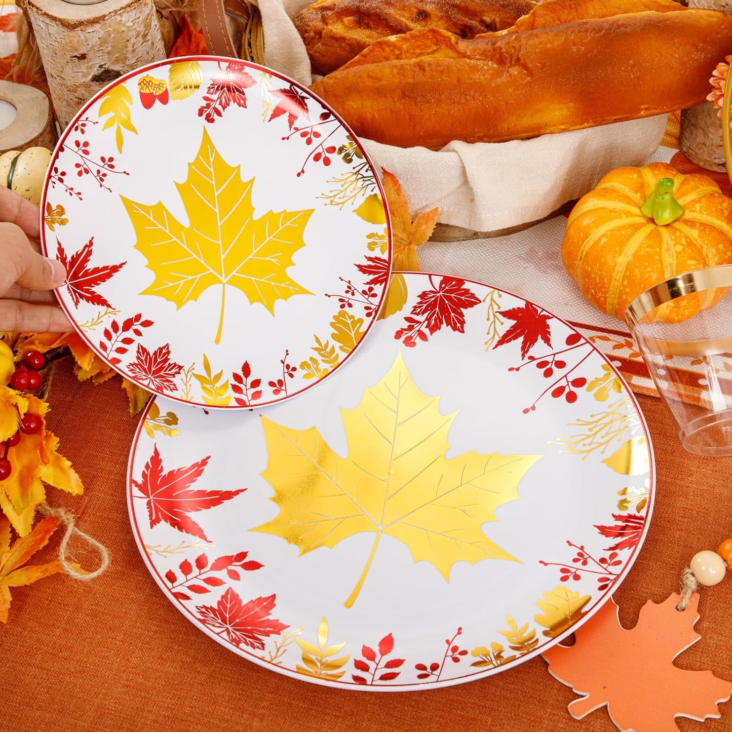 KIRE 150PCS Thanksgiving Plates Dinnerware Maple Leaves - Plastic Thanksgiving Plates with Gold Silverware Include 25Dinner 25Salad 25Forks 25Knives 25Spoons 25Gold Cups