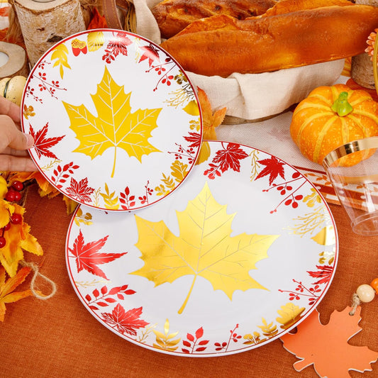 KIRE 150PCS Thanksgiving Plates Dinnerware Maple Leaves - Plastic Thanksgiving Plates with Gold Silverware Include 25Dinner 25Salad 25Forks 25Knives 25Spoons 25Gold Cups