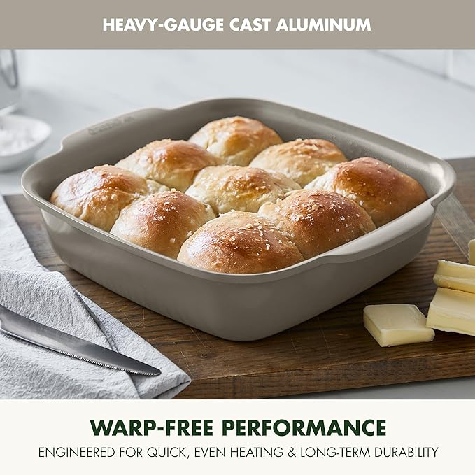 GreenPan Premiere Ovenware Healthy Ceramic Nonstick 8" Square Cake Baking Pan, PFAS-Free, Warp-Free Bakeware, Durable Quick Heating, Oven & Broiler Safe to 600F, Dishwasher Safe, Taupe
