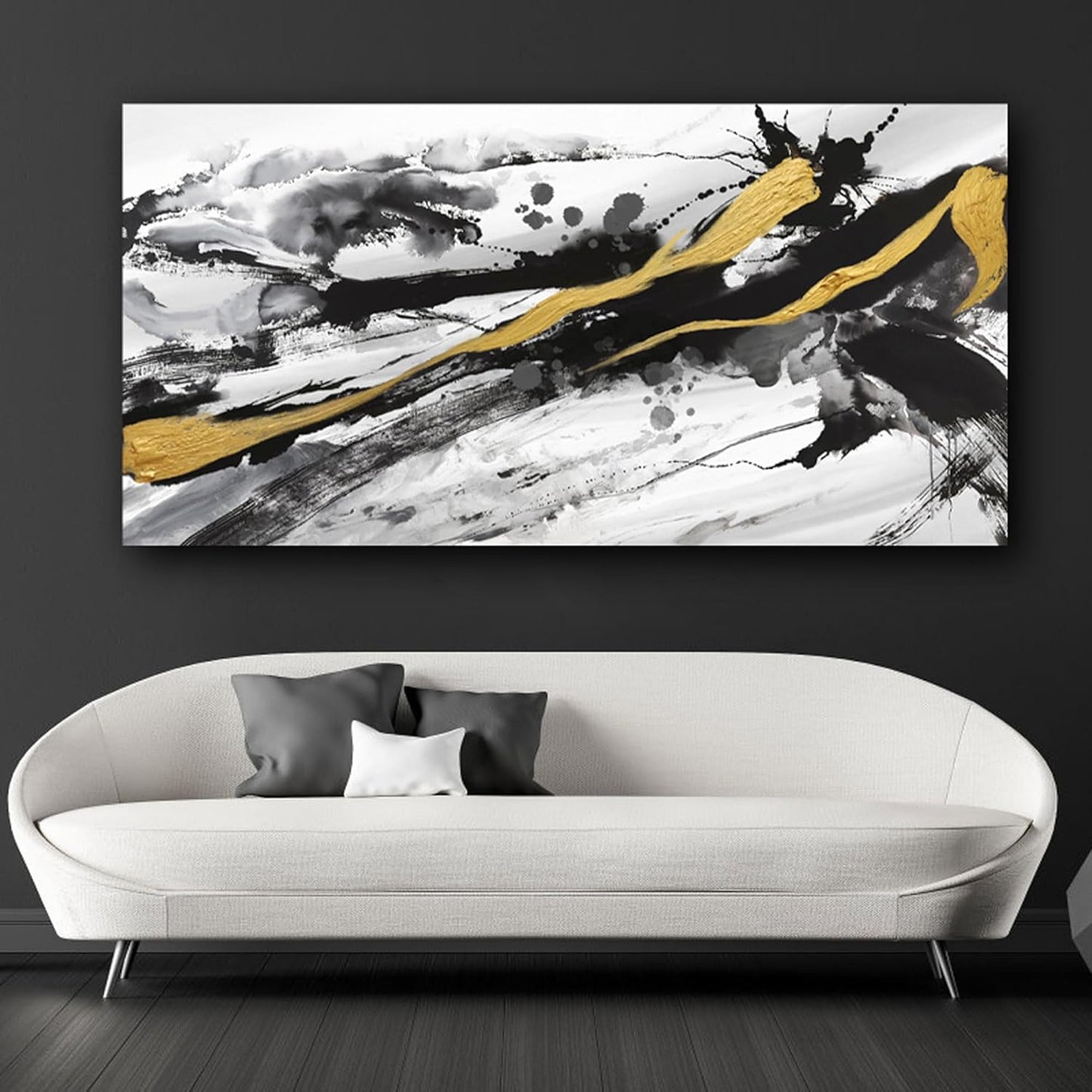 XLSJERST Black and White Abstract Wall Art - Canvas Wall Art for Living Room Bedroom Modern Gold Ink Painting Style Picture Artwork for Wall Decor Size 29x58 Inches