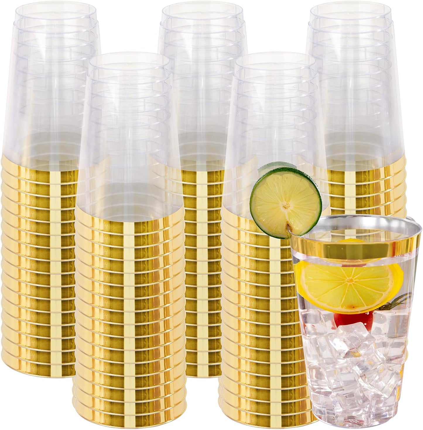 I00000 100 Pack 24 oz Gold Plastic Cups, Elegant Gold Rimmed Plastic Cups, Disposable Cocktail Glasses Wine Glasses, 24 oz Premium Tumblers Perfect for Birthday, Party & Wedding