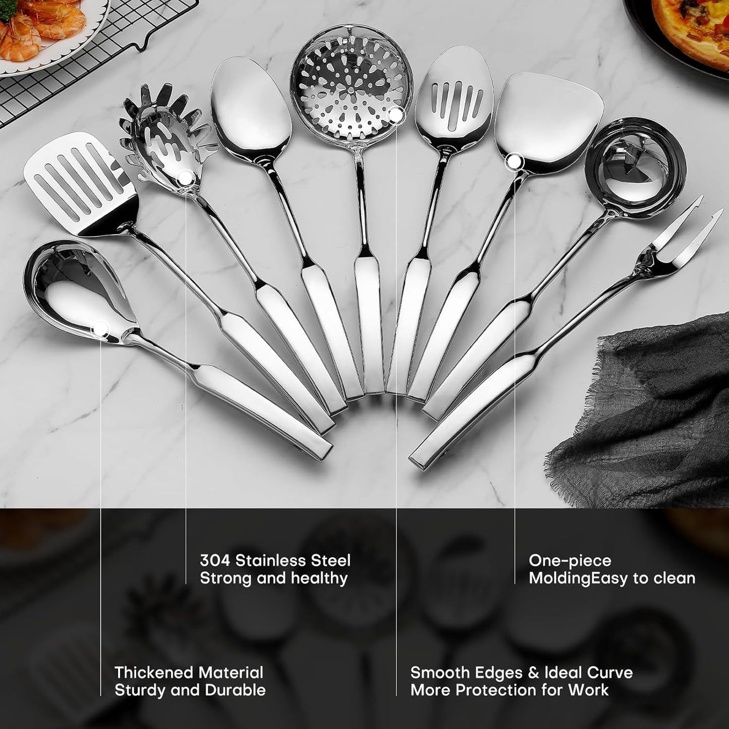 9PCS Silverware Set for 304 Stainless Steel Kitchen Utensils Set Cooking Utensil Set, 15 Inches All Metal Cooking Tools Wok Kitchen Cookware Set with Spatula Useful Pots and Pans Accessories